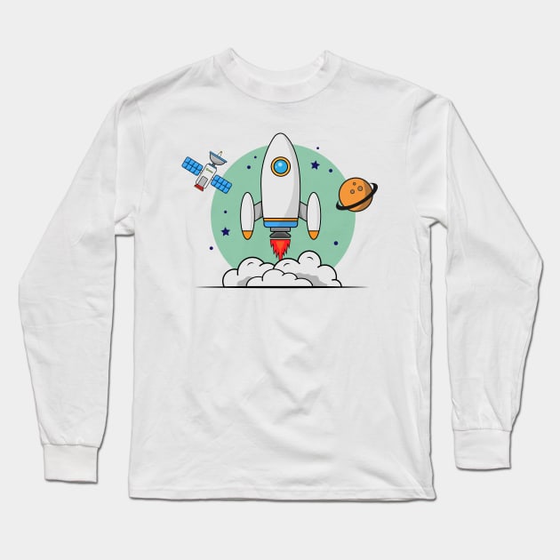 Rocket with Satellite and Planet Space Long Sleeve T-Shirt by dewarafoni